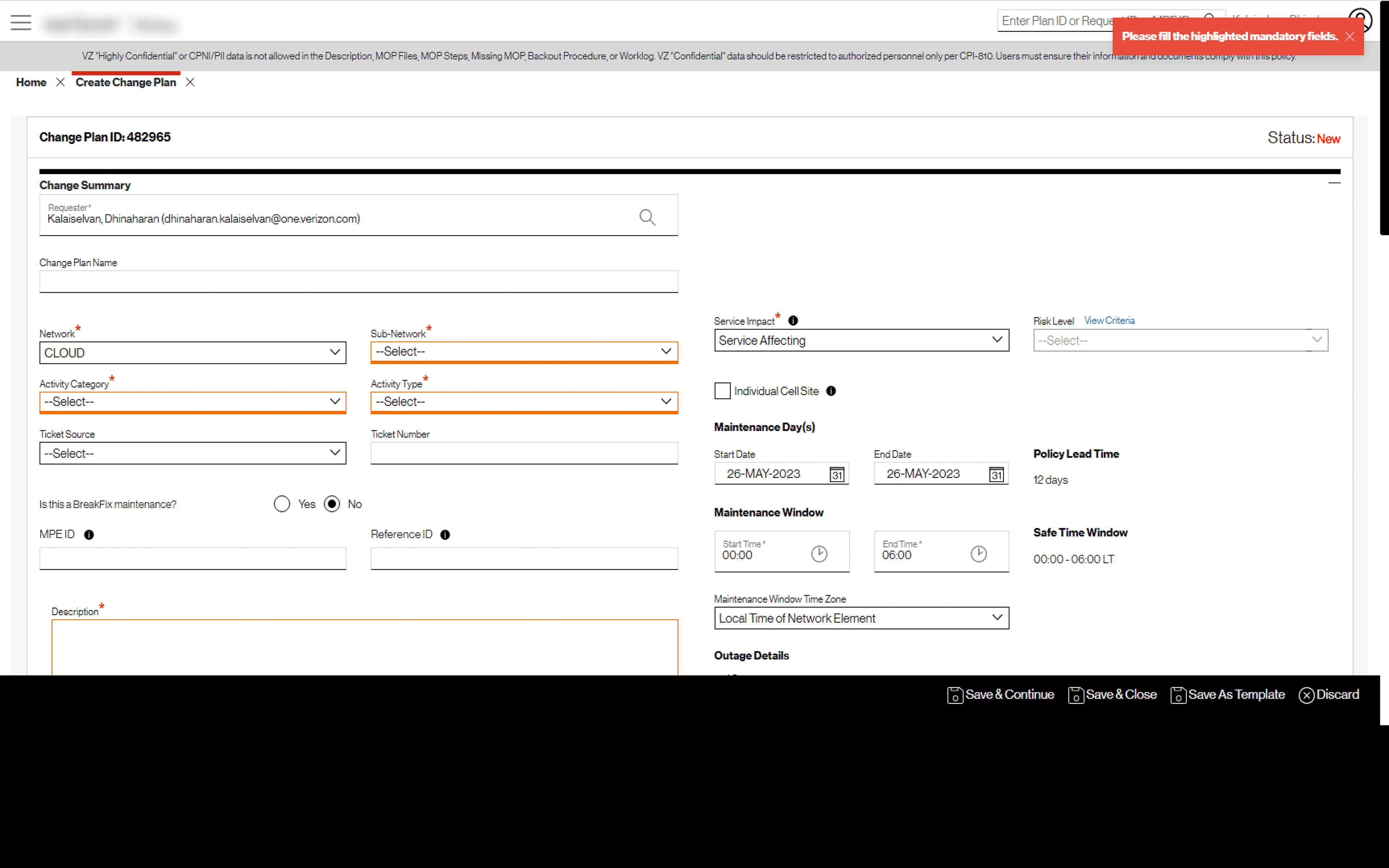 Screenshot of Kirke form with the brief toast error notification — the pattern that disappeared after 3 seconds